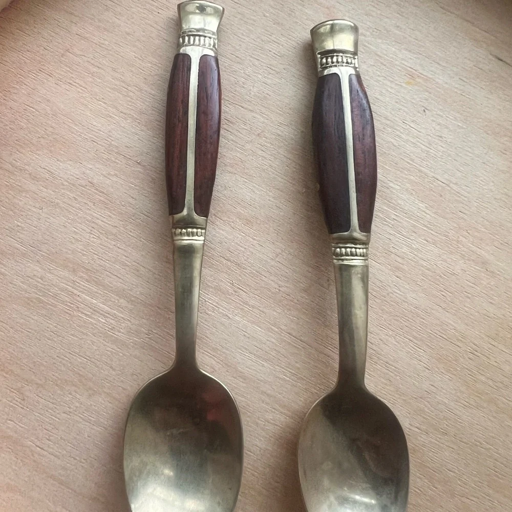 VTG Brass Rosewood Inlay Demitasse Spoons (x2) Stamped Thailand